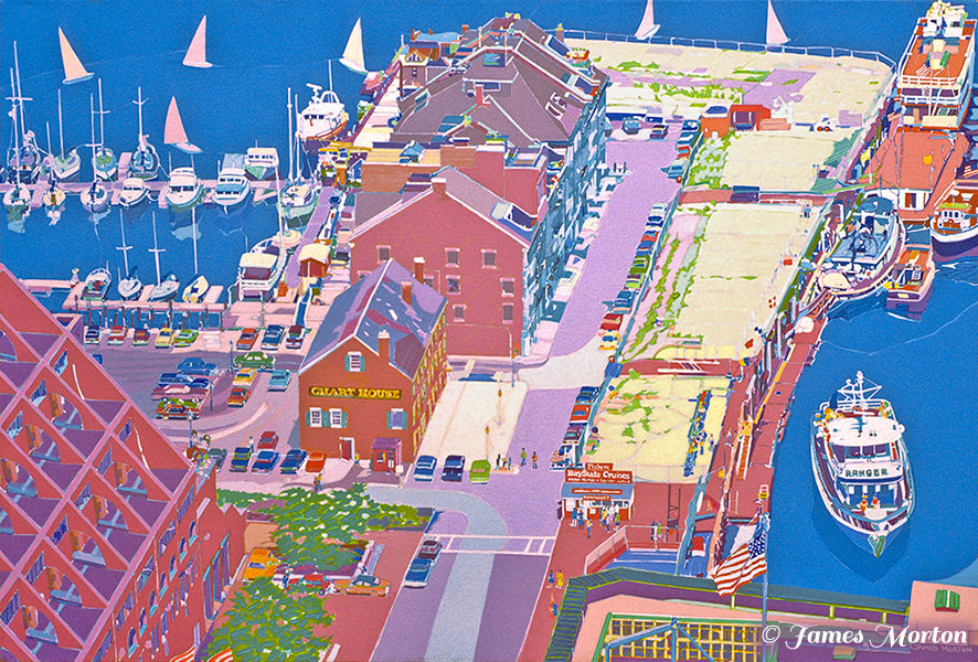 Boston Harbor Waterfront Painting Long Wharf, Boats & Chart House