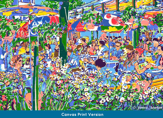 Canvas print of Quincy Market restaurant painting with people and flowers – cropped version, clean edges, for stretched canvas