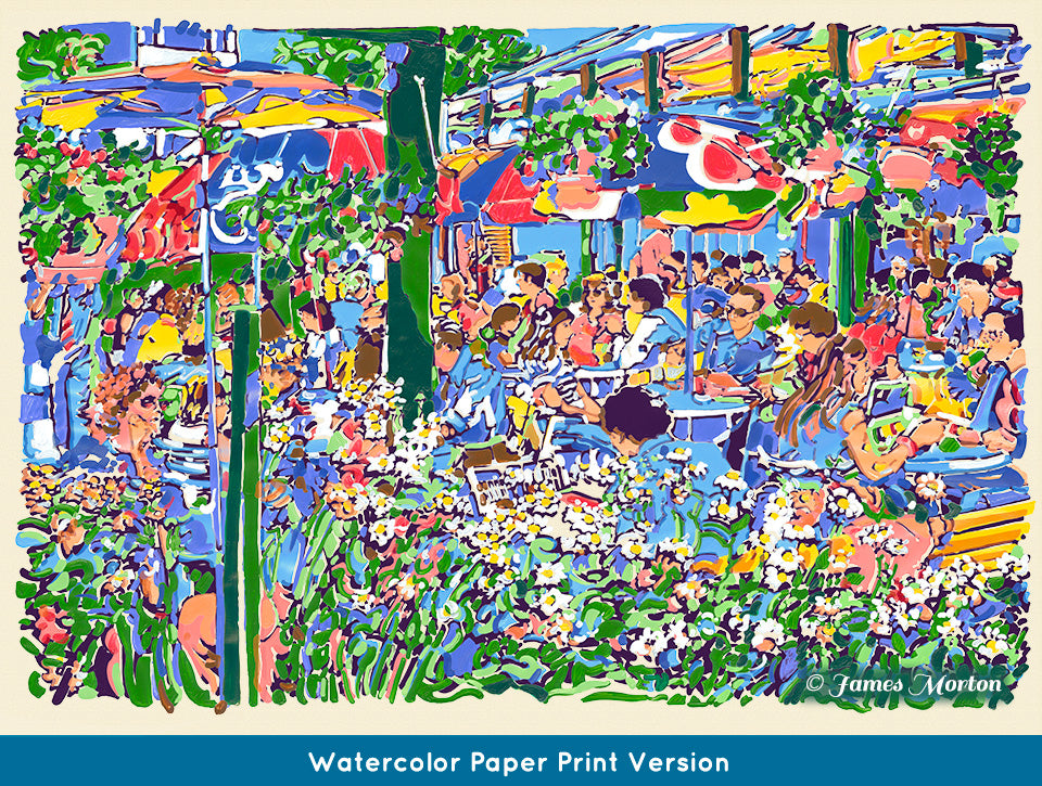Watercolor paper print of Boston’s Quincy Market restaurant painting – shows natural painted edges, with café umbrellas and a lively summer crowd
