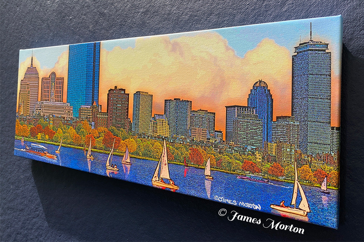 Right-angle view of Back Bay Brilliance Boston skyline stretched canvas print featuring fall sunset, John Hancock Tower, and Prudential Tower by James Morton