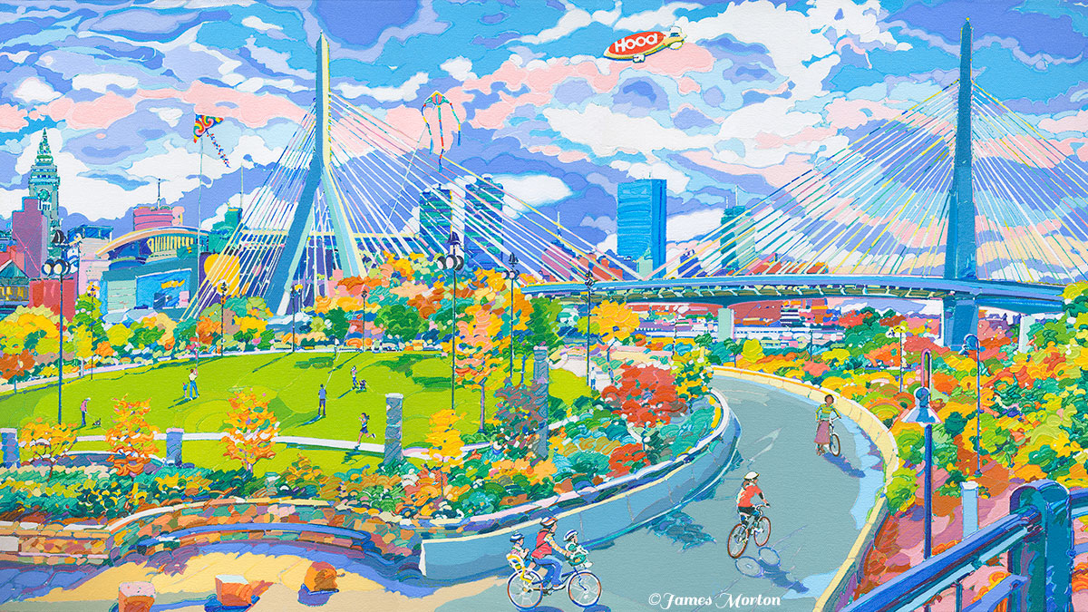 Zakim Autumn painting of Boston skyline with Zakim Bridge, Paul Revere Park, and fall foliage by artist James Morton