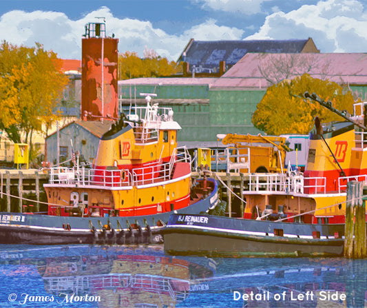 Close-up of tugboats’ reflections and dock on the left side of Boston Tugs Two panoramic print