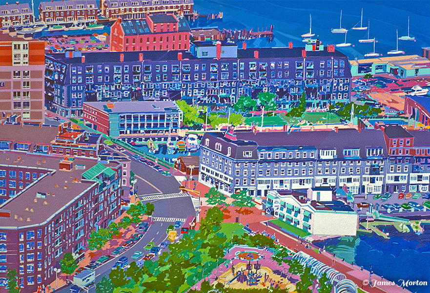 Aerial painting of Boston Waterfront featuring Union Wharf, Lewis Wharf, and Commercial Wharf near the North End