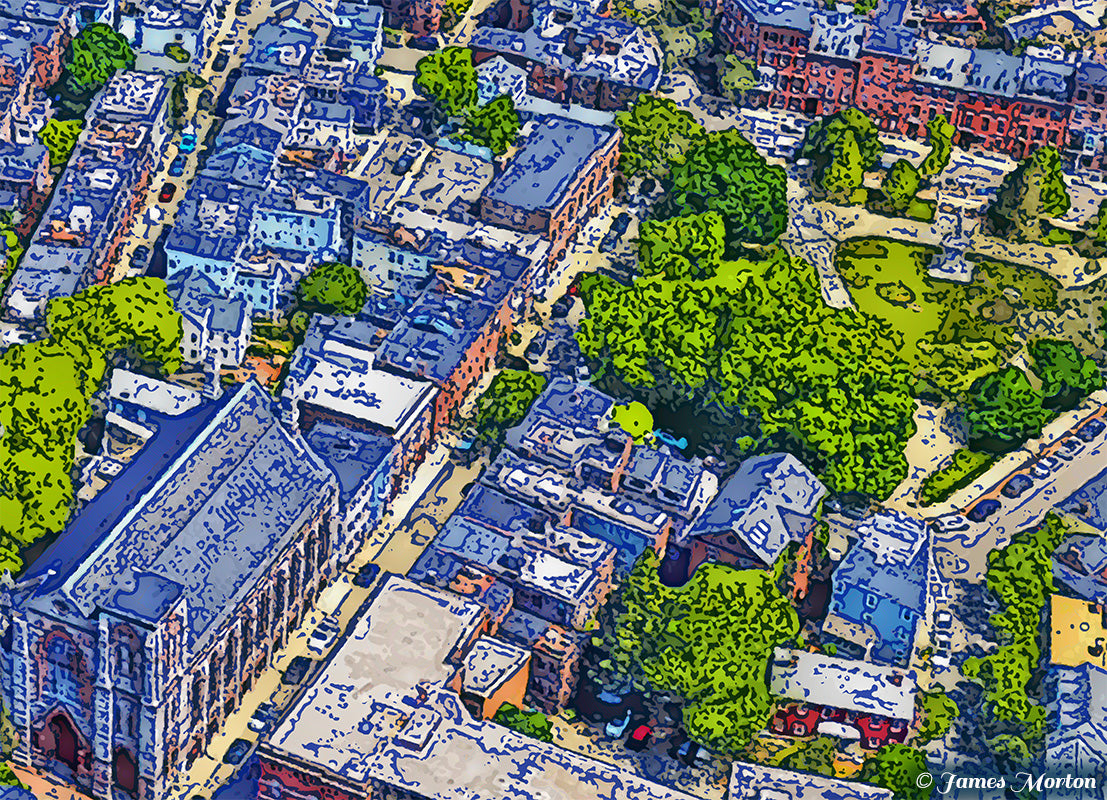 Close-up detail overlooking the historic Charlestown Boston neighborhood in Bunker Hill Square Digital Woodcut print