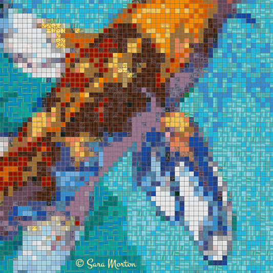 Close-up detail of butterfly koi fish mosaic art showing realistic glass tile texture and intricate color variations