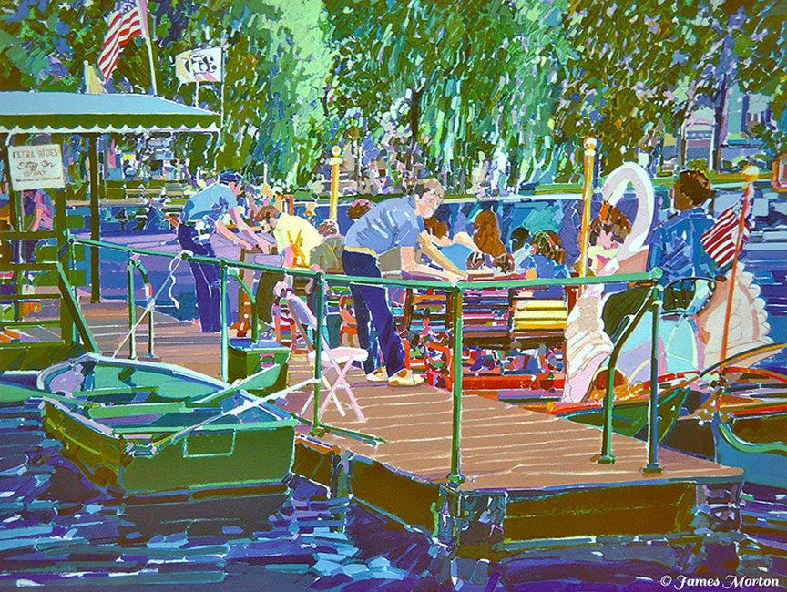 Swan Boat Ride – Painting of Boston Public Garden Dock Scene