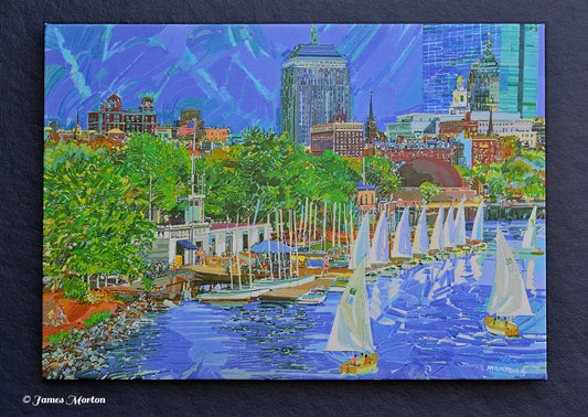 Canvas print of of Boston Skyline painting of Charles River Community Boating with Sailboats, hatch shell , esplanade.