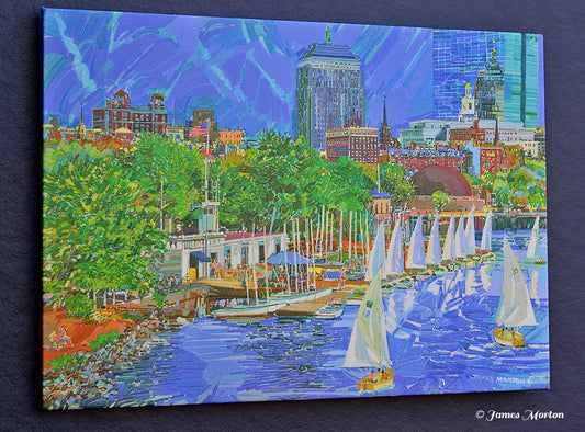 Painting of Boston skyline with sailboats on the Charles River at Community Boating. Fine Art Print on Canvas