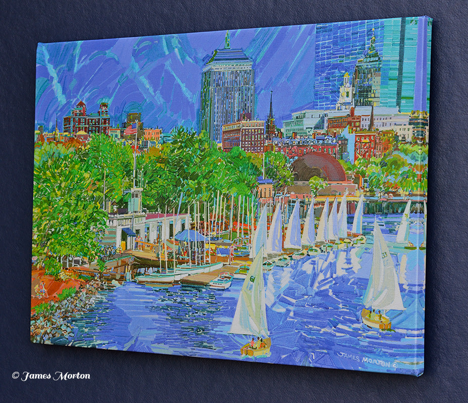 Boston Skyline Charles river Community Boating Stretched canvas print of original Painting. Right side of canvas.