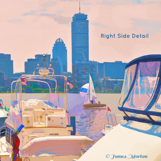 Close-up of Prudential Tower and 111 Huntington Ave above riverside trees and boats on the Charles River – detail from Charles Twilight artwork