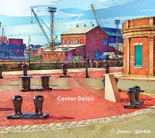 Close-up detail of Charlestown Navy Yard art print showing curved brick paving and mooring bollards in Boston’s historic harbor