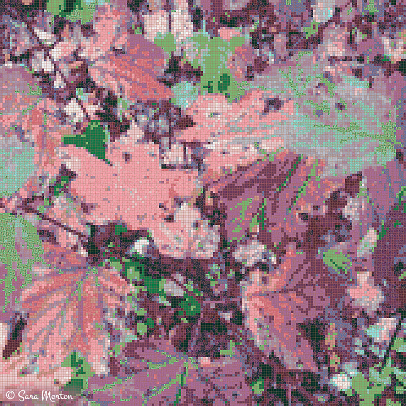 Chromatic contemplation autumn leaves digital mosaic art print featuring abstract New England fall foliage in pink, mauve, and green hues