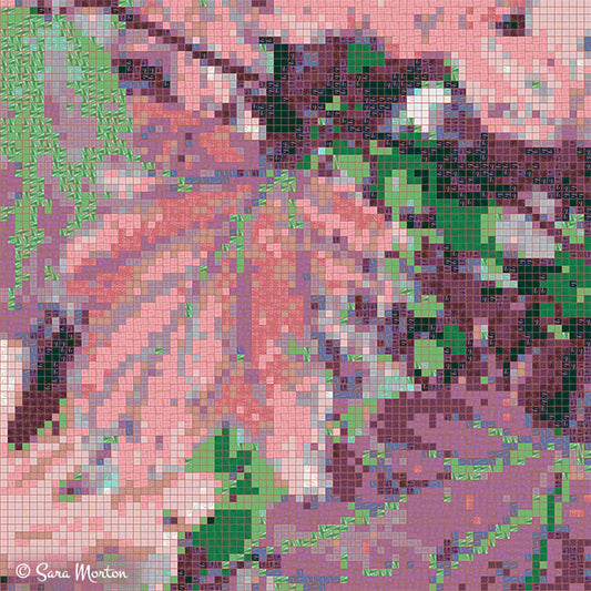Close-up detail of autumn leaves mosaic showing sophisticated pink, mauve, and green tile patterns in abstract design
