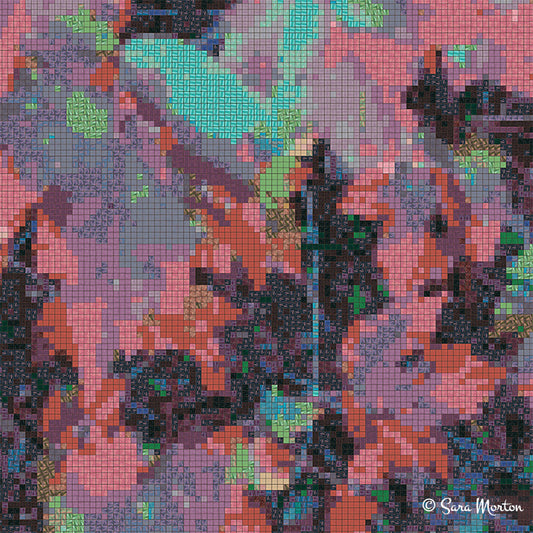 Close-up detail of autumn leaves mosaic showing sophisticated brick red, mauve, and vibrant green tile patterns in abstract design