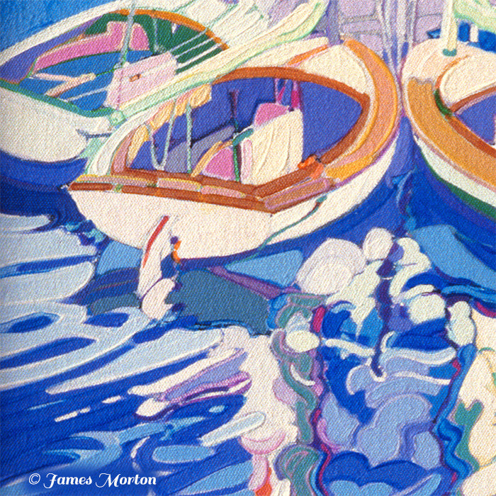 Detail of Concentric Sails painting showing rippled water reflections beneath sailboats in Wellfleet Harbor, Cape Cod. Blue and violet tones capture the calm coastal atmosphere.