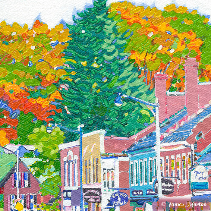 Close-up detail of Concord MA painting showing Main Street shops surrounded by vibrant autumn trees with red and gold leaves.