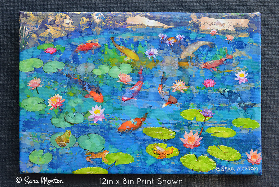Koi Fish Pond Art | 12in x 8in Stretched Canvas Print | Water Lilies Lily Pads Frog Pond Japanese Water Garden Fancy Goldfish