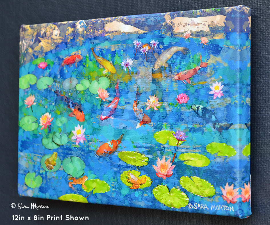Koi Fish Pond Art | 12in x 8in Stretched Canvas Print | Water Lilies Lily Pads Frog Pond Japanese Water Garden Fancy Goldfish