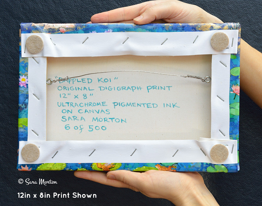 Koi Fish Pond Art | 12in x 8in Stretched Canvas Print | Water Lilies Lily Pads Frog Pond Japanese Water Garden Fancy Goldfish