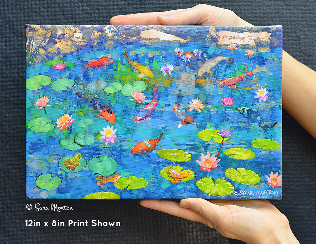 Koi Fish Pond Art | 12in x 8in Stretched Canvas Print | Water Lilies Lily Pads Frog Pond Japanese Water Garden Fancy Goldfish
