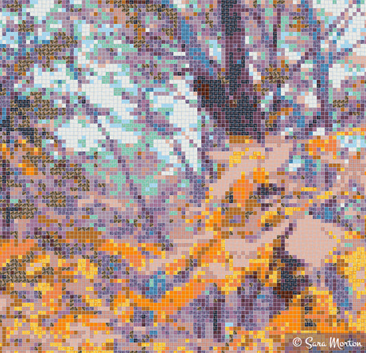 Close-up detail of “Dusky Woods” digital mosaic artwork highlighting glass-tile texture, golden leaves, and plum-colored tree silhouettes.