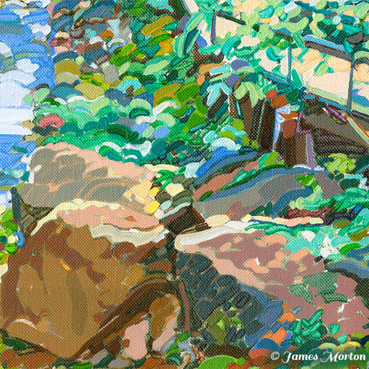 Close-up detail of Emerald Passage acrylic painting showing granite rocks, trailside forest plants, canvas texture, and expressive acrylic brushstrokes.