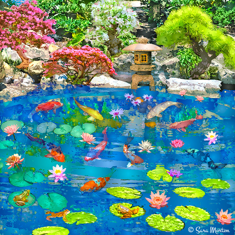 Koi fish pond encircled by Japanese garden with water lilies, lily pads, bonsai, and stone lantern. Encircled Pool original Digigraph painting by Sara Morton.