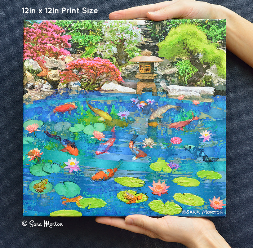 Front view of Encircled Pool 12x12 canvas print held for scale, showcasing koi pond, water lilies, bonsai, and stone Japanese lantern.