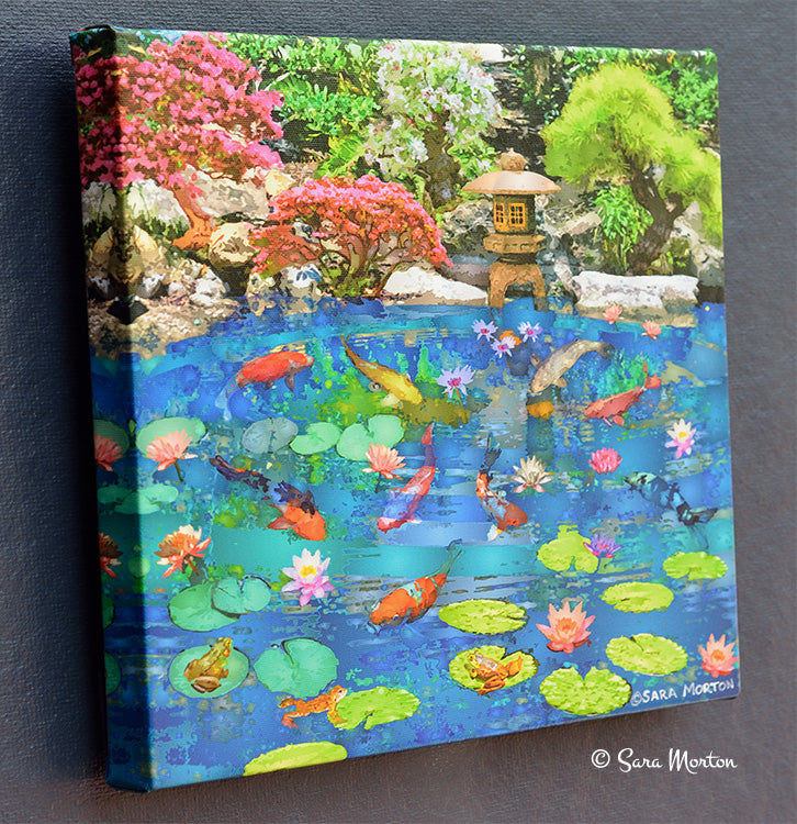 Left side view of Encircled Pool 12x12 inch stretched canvas giclée print showing wrapped edges and koi pond artwork details.