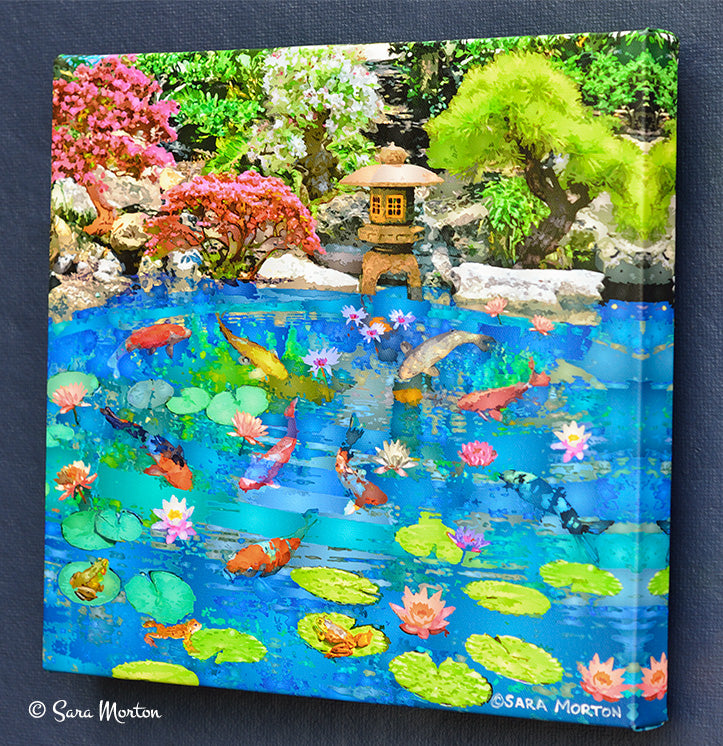 Right side view of Encircled Pool canvas print by Sara Morton, showing wrapped edges and koi pond with water lilies and stone lantern.