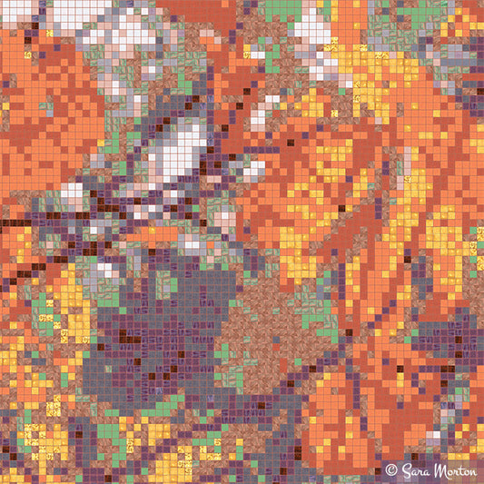Close-up detail of Fall Flourish mosaic showing autumn leaves with glass tile texture in russet orange, gold, and green tones