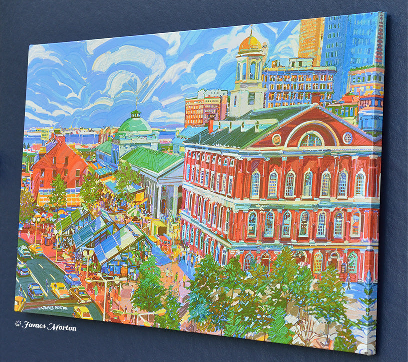 Canvas Print of Faneuil Hall in Boston MA. Aerial view of the marketplace in its prime with the classic Quincy Greenhouses in the foreground and a billowing cloudy sky.
