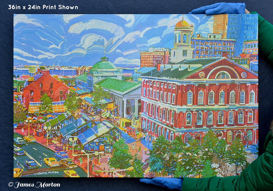 36in x 24in Canvas Print of Faneuil Hall in Boston MA. This is a Ready to Ship Giclée replica print of the original acrylic painting by Artist James Morton.