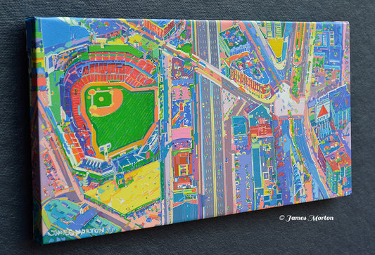 Left side view of Boston Kenmore Square canvas print showing Fenway Park and Citgo Sign aerial perspective, 20x10 size