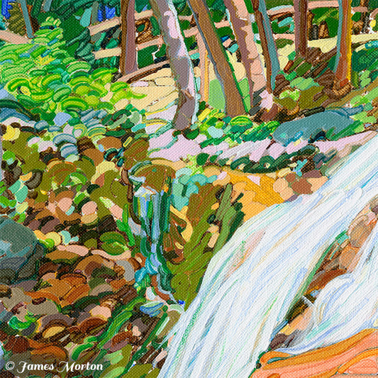 Detail of Franconia Cascade acrylic painting showing flowing waterfall, rocky gorge walls, forest plants, and textured brushstrokes on canvas.