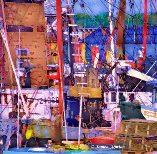 Close-up detail of Gloucester harbor art print showing fishing boat cabins, lobster traps, and masts at Old Fisherman’s Wharf.