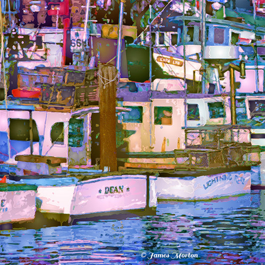 Old Fisherman's Wharf Three, colorful painting of a marina with boats and buildings.