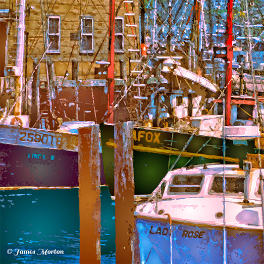 Close-up detail of Gloucester harbor art print showing boat hulls, brown boathouse, and fishing and lobster boats.