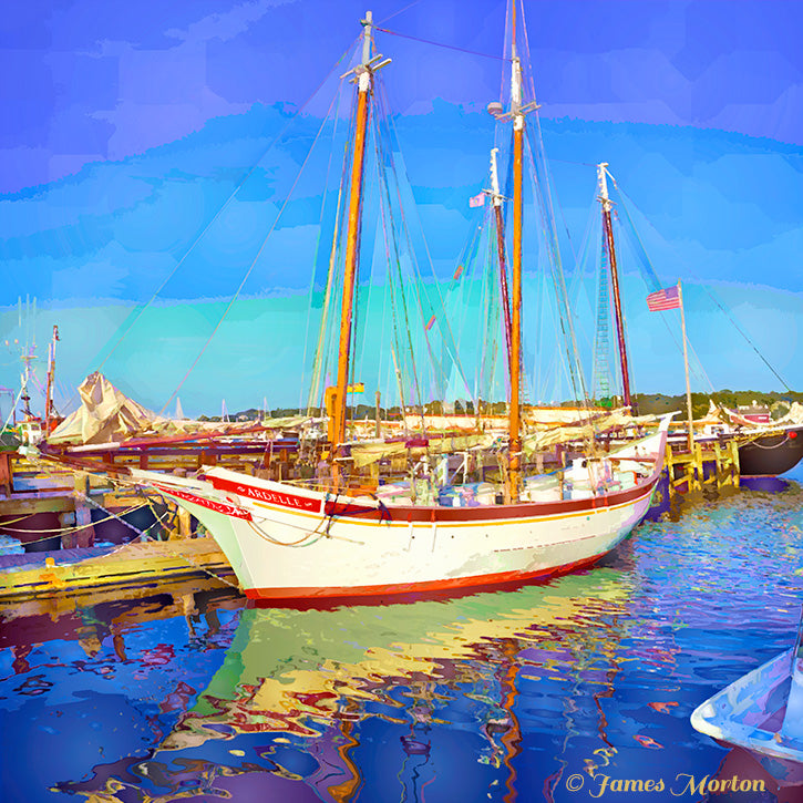 Digigraph Painting of the Schooner Ardelle docked in Gloucester Harbor, Massachusetts. Maritime art print with cool color tones and rippling water reflections.