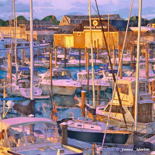 Hyannis Marina in Cape Cod MA with boats docked during sunset. Fine Art Print, detail view
