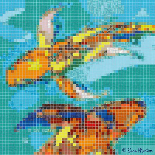 Close-up detail of “Koi Carousel Two” mosaic showing two butterfly koi fish with flowing fins and glass-tile texture in teal-blue water by Sara Morton.