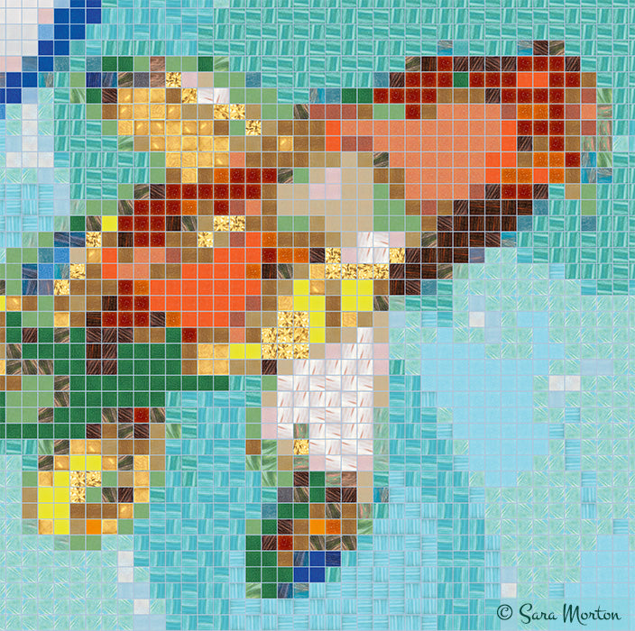 Close-up of butterfly koi fish head from “Koi Carousel Mosaic,” highlighting gold and orange patterns, glass-tile texture, and teal water background by Sara Morton.