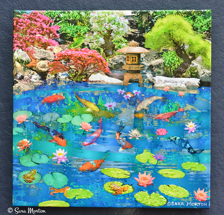 Colorful painting of a pond with koi fish, lily pads, and flowers. Front view of Encircled Pool 12x12 inch stretched canvas giclée print featuring koi pond, water lilies, bonsai, and Japanese lantern