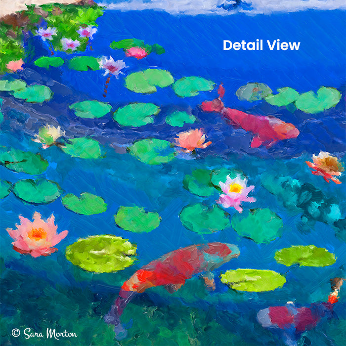 Detail of Koi Bridge painting showing koi fish swimming among water lilies and rippling reflections in the pond