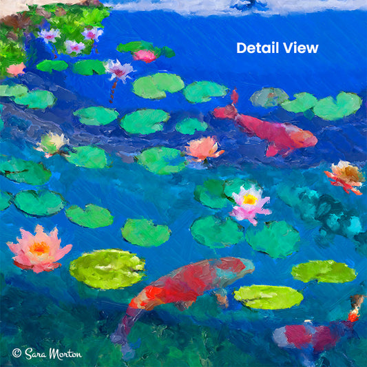 Detail of Koi Bridge painting showing koi fish swimming among water lilies and rippling reflections in the pond