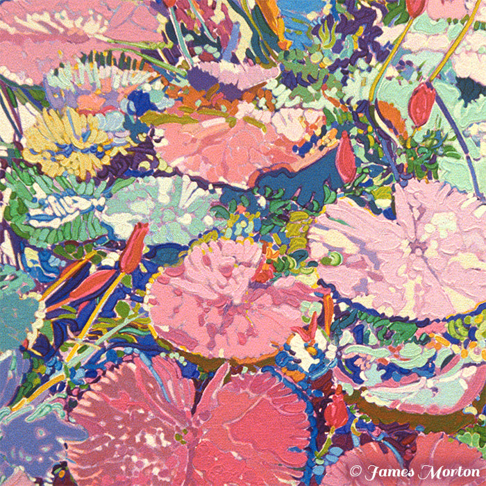 Close-up detail of lily pads and red water lily buds showing layered color and texture from the Luminous Lilies painting.