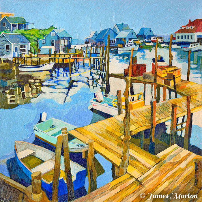 Martha's Vineyard painting by James Morton showing Dutcher's Dock with fishing boats, harbor houses, and rowboats in Menemsha Basin