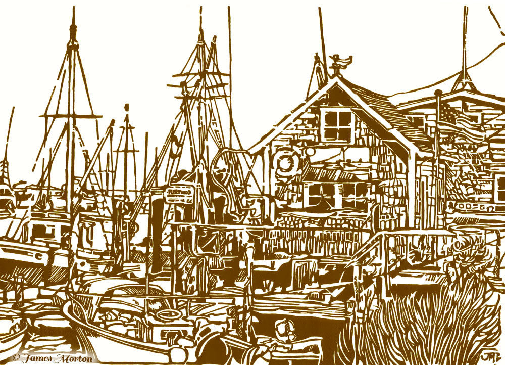 Menemsha Bay Martha's Vineyard woodcut art print. Features fishing boats on the left and boathouse on the right. Prints on watercolor paper and canvas in multiple sizes. Made in Massachusetts by Artist James Morton. Brown and white linear design.