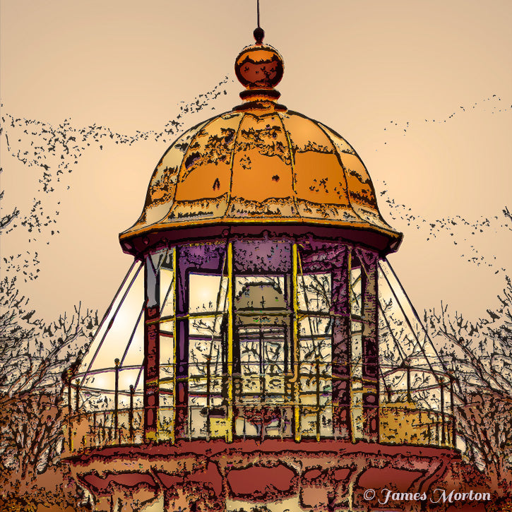 Digital woodcut of the Minot’s Ledge Lighthouse replica in Cohasset, MA, showing the copper dome, lens, and finial in warm tones against a soft sky.