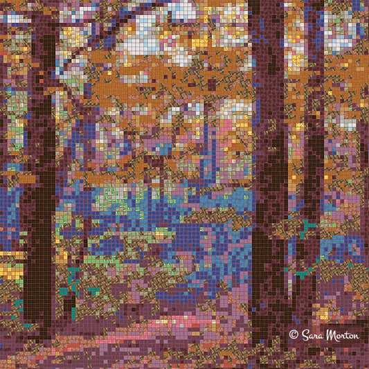 Close-up detail of Misty Woods forest mosaic showing colorful tile squares in golden ochre and plum tones